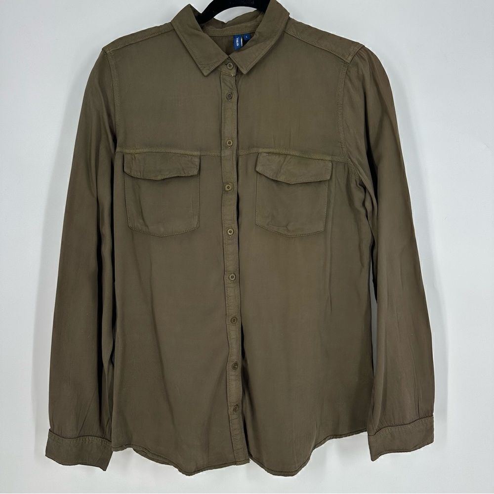 FAME FOREVER Women’s Olive Brown Button Down Long Sleeve Top Sz L